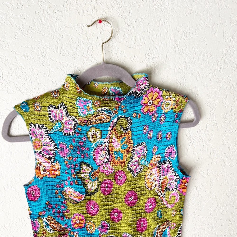 VINTAGE Y2K Le Pleat Crinkle 70s Print Boho Floral Tank Top L - Picture 3 of 7